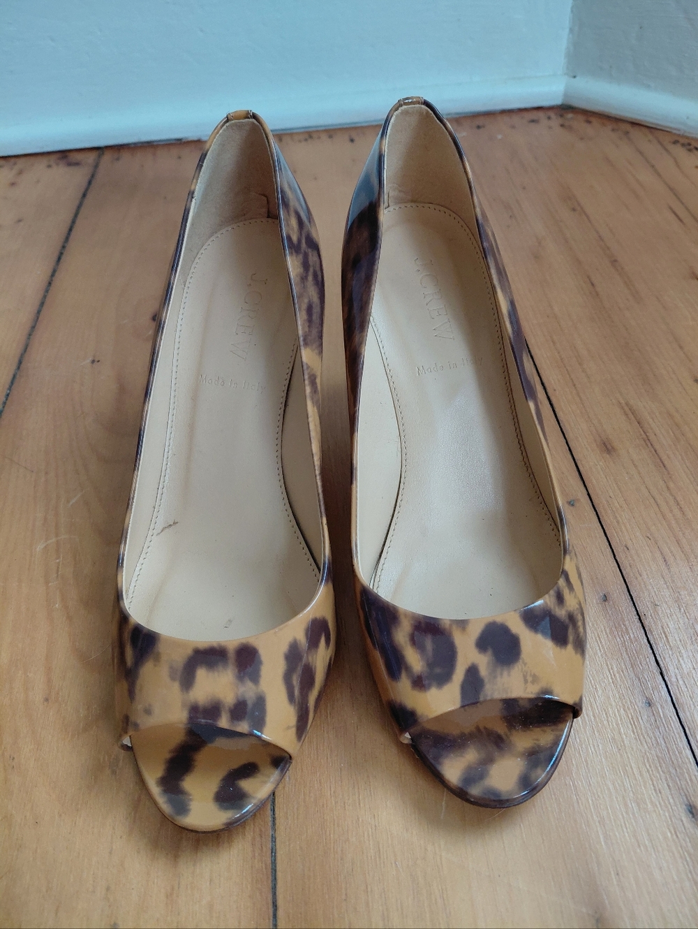 J. Crew Drea Leopard Patent Peep Toe Pumps
